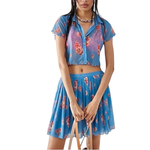 Free People Dresses & Skirts - Free People Florence Blue Floral Mesh Crop Top Pleated Mini Skirt Set